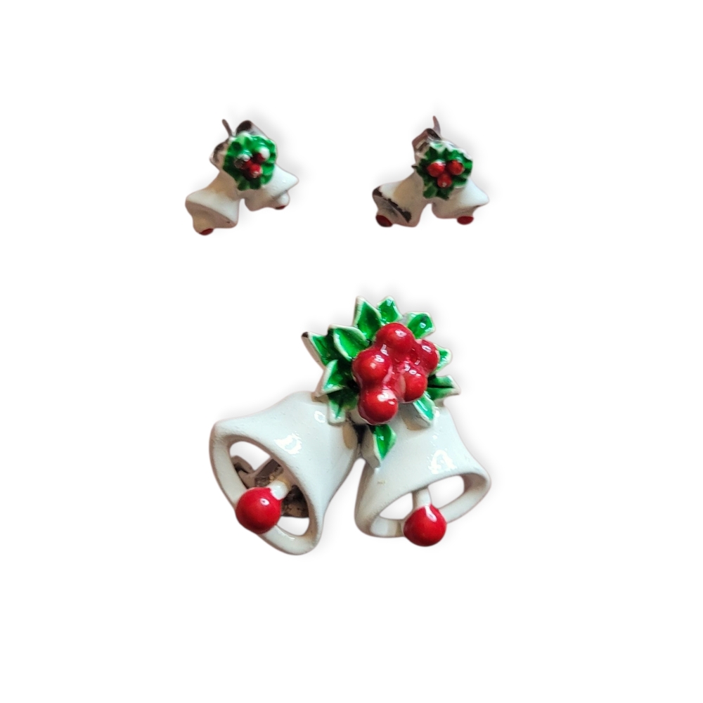 Vintage Enamel Bell With Ivy Brooch and Earring Set Holiday Christmas